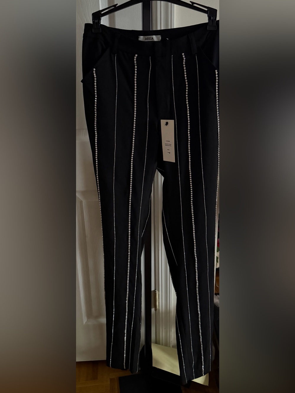 AREA Black Rhinestone Stripe Pants